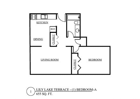 Floor plan for 1 bed, 1 bath, 655 sqft